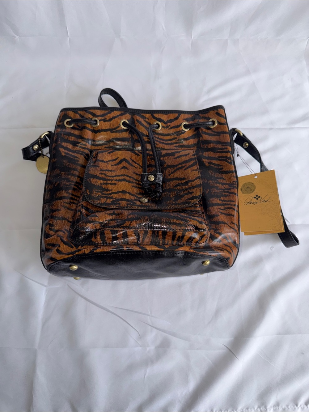 Patricia Nash Black and Brown Tiger-Print Drawstring Shoulder Bag